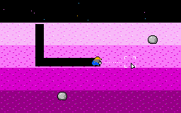 A tunnel through the soil, the digger at its end and a dotted plan to the bracketed cell under the cursor